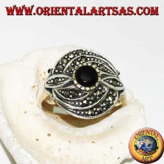 Silver ring with round onyx and triple concentric line of marcasite