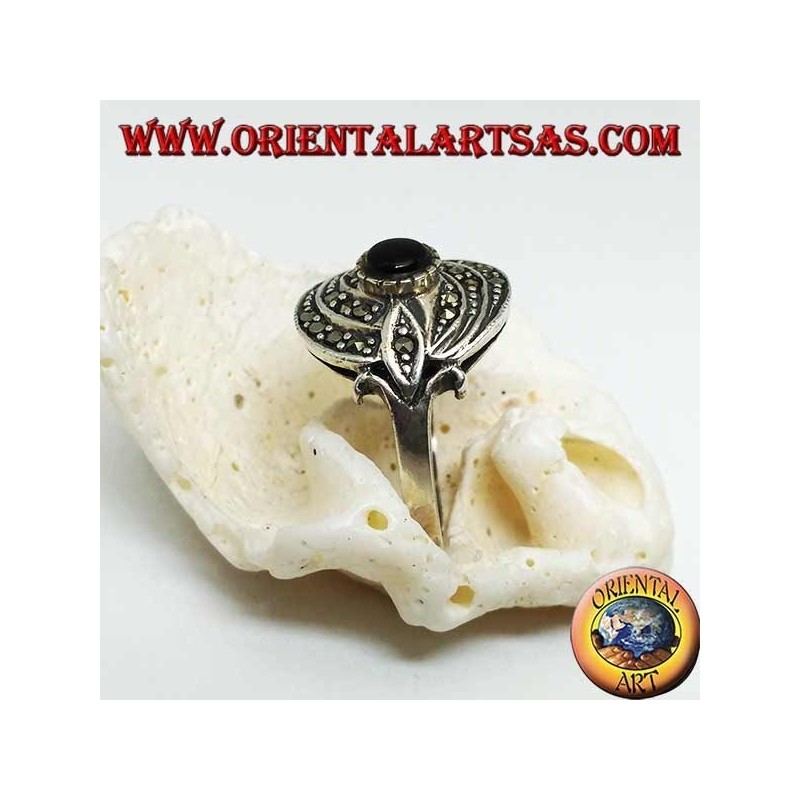 Silver ring with round onyx and triple concentric line of marcasite