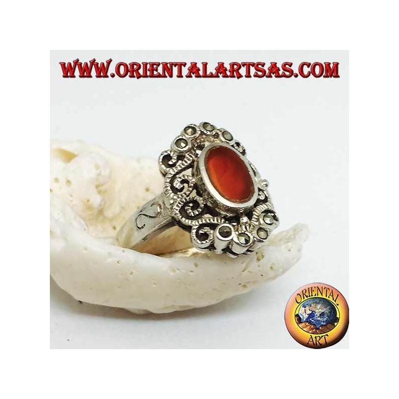 Silver ring with oval carnelian crowned with sinuous decorations with marcasite