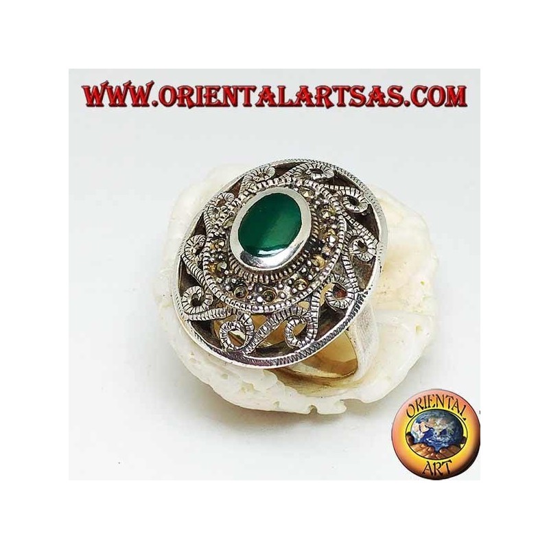 Silver ring with oval green agate surrounded by marcasite and Greek with fretwork