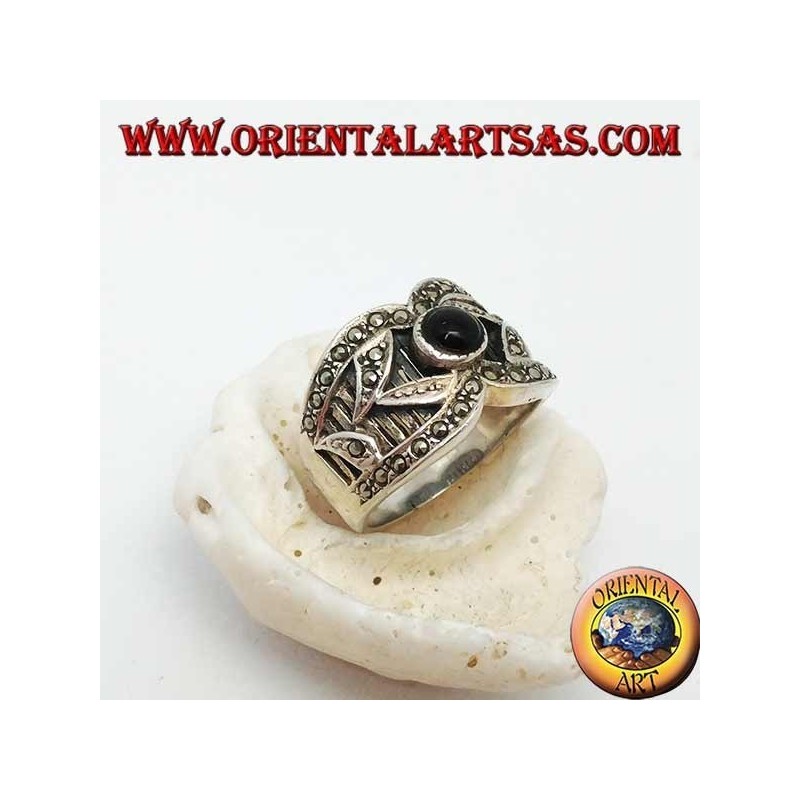 Anello Argento Fascia Larga Onice Marcassite Altorilievo
