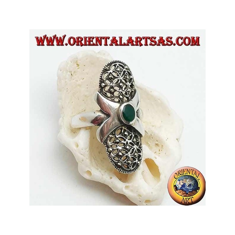 Silver ring with oval green agate, smooth cross and perforated oval canvas studded with marcasites