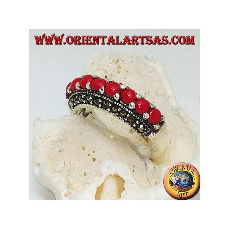 Silver ring with a row of corals set between two rows of marcasite