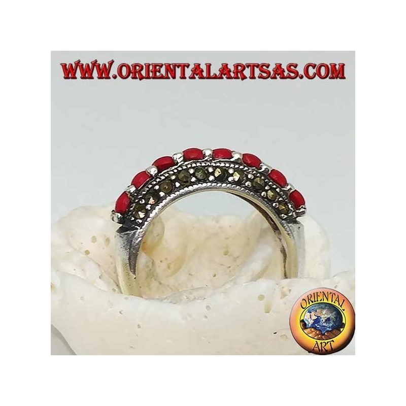 Silver ring with a row of corals set between two rows of marcasite