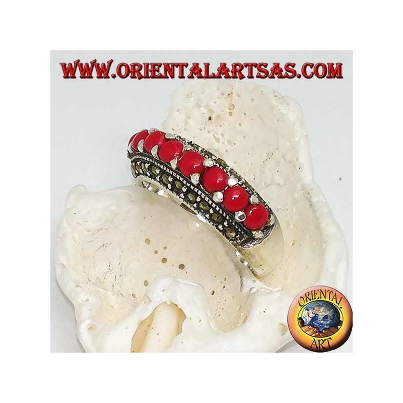 Silver ring with a row of corals set between two rows of marcasite