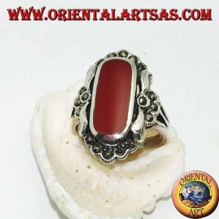 Silver ring with oval carnelian surrounded by marcasite and smooth silver small stones