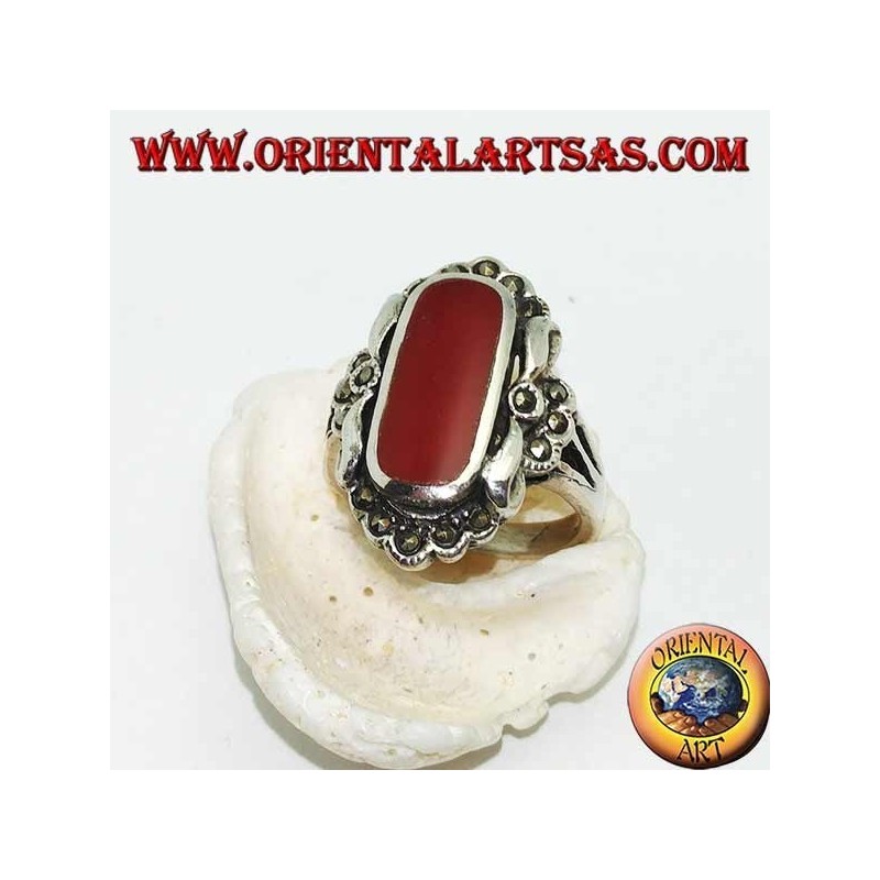 Silver ring with oval carnelian surrounded by marcasite and smooth silver small stones