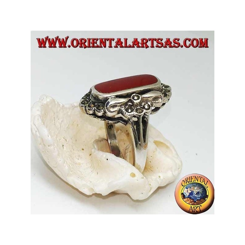 Silver ring with oval carnelian surrounded by marcasite and smooth silver small stones