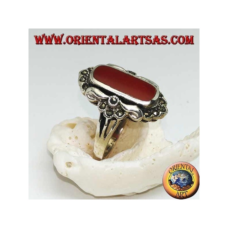 Silver ring with oval carnelian surrounded by marcasite and smooth silver small stones