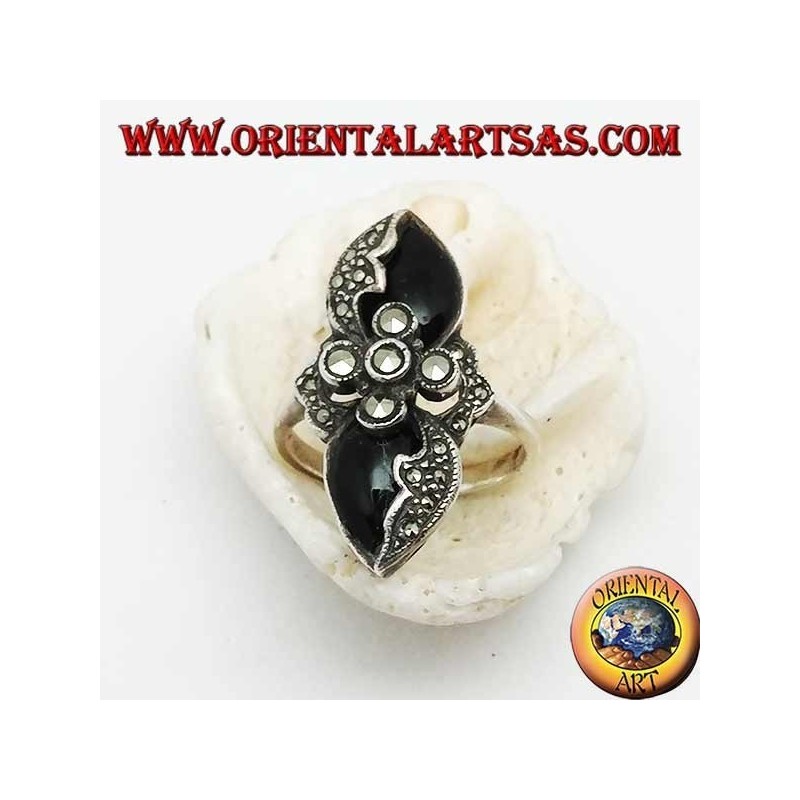 Anillo de plata con marcasita cruzada entre dos gotas espejadas de ónice y marcasita