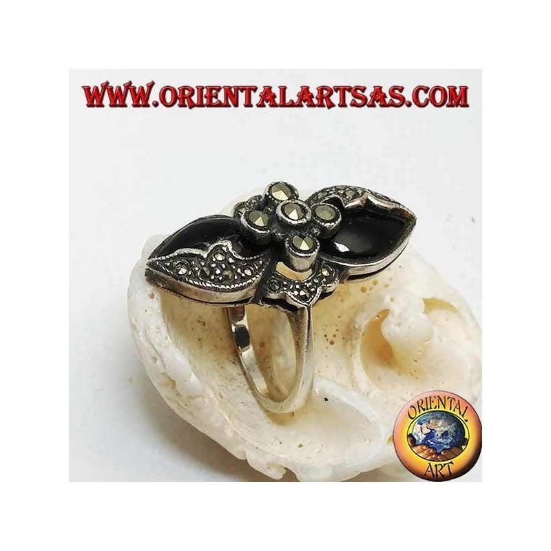 Anello allungato Doppio Onice Marcasiti Argento 925 - Stile Vintage