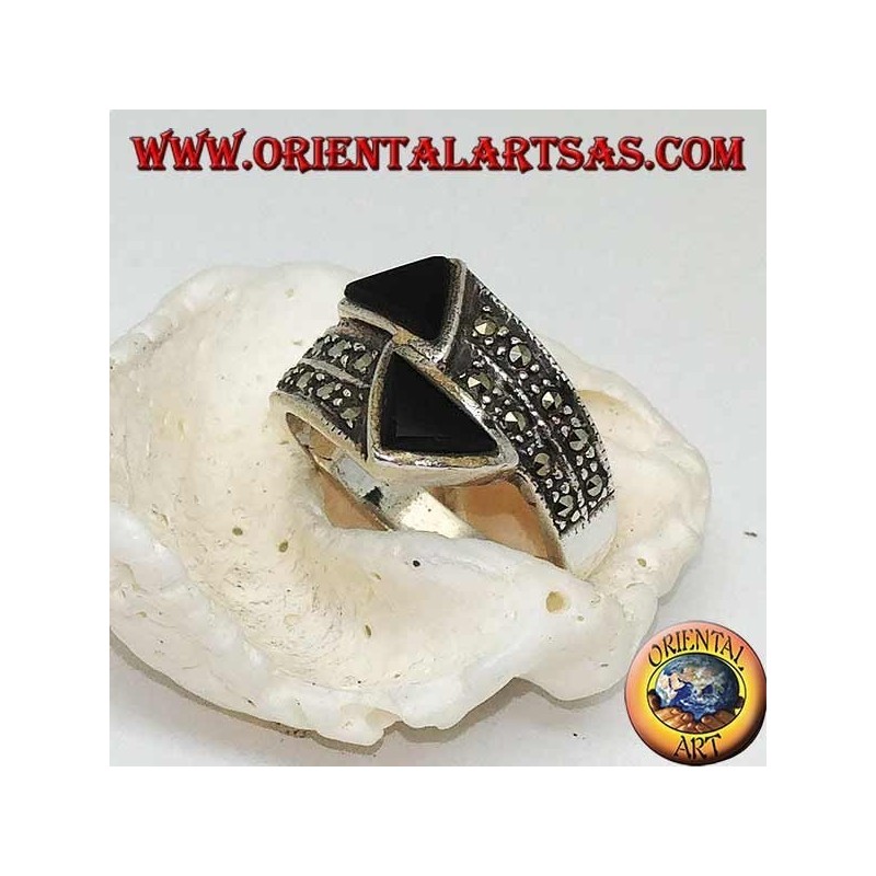 Silver ring with marcasite studded ring with two opposing onyx triangles