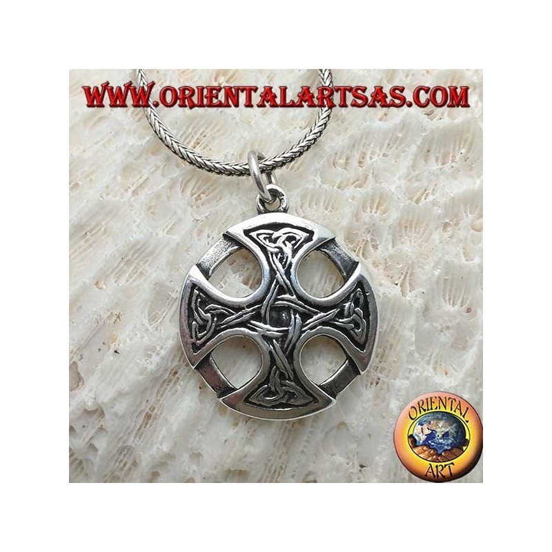 Silver pendant, Celtic cross on the disc with Tyrone knots on the tips connected together