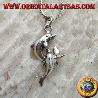 Silver pendant, pair of jumping dolphins