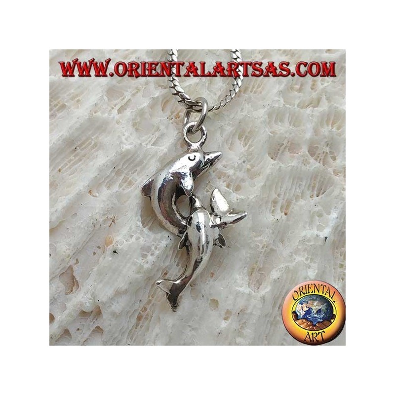 Ciondolo in argento, coppia di delfini intrecciati in salto