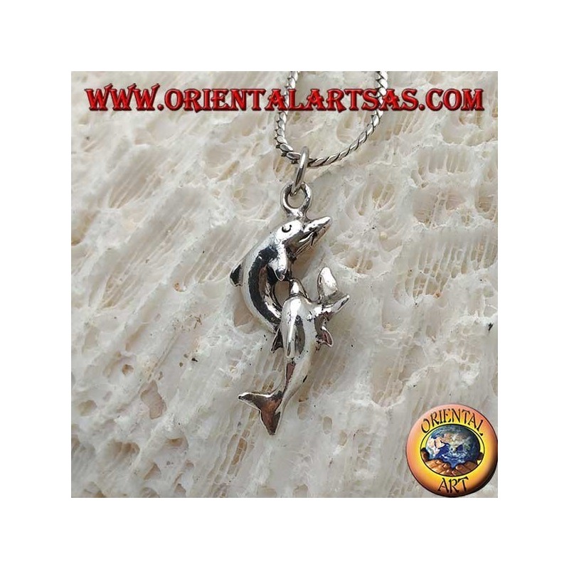 Silver pendant, pair of jumping dolphins