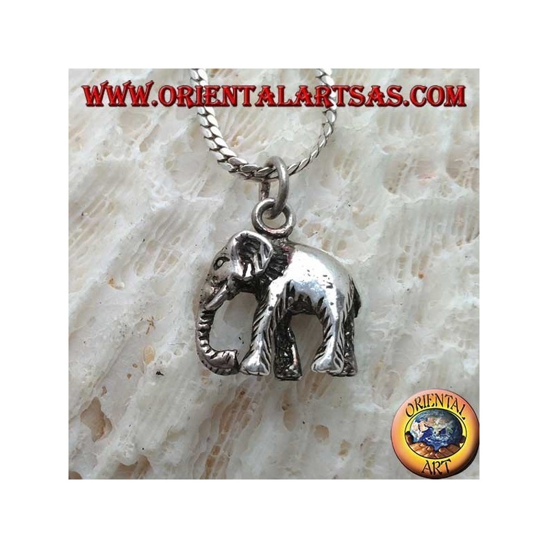 Pendentif en argent, éléphant indien avec tronc en duvet tridimensionnel