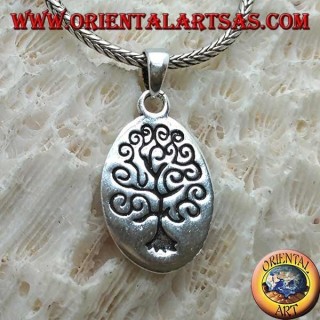 Silver pendant, oval plate engraved with the tree of life in the Klimt style