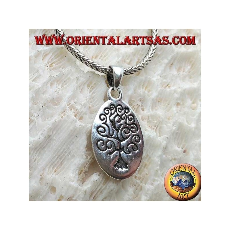 Silver pendant, oval plate engraved with the tree of life in the Klimt style