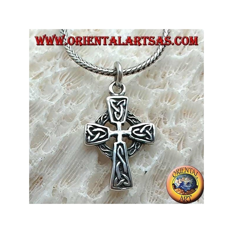 Silver pendant, Celtic cross with decorations and bas-relief Tyrone's knot