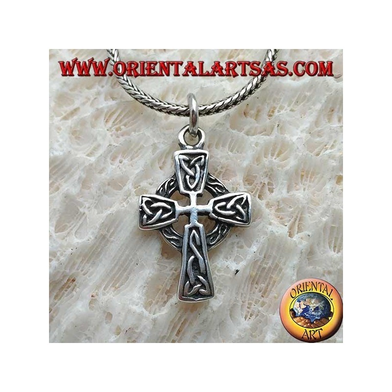 Silver pendant, Celtic cross with decorations and bas-relief Tyrone's knot