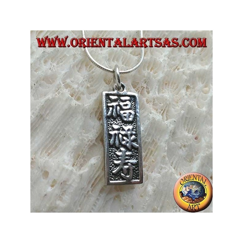 Colgante de plata, placa con ideogramas chinos "suerte, larga vida y prosperidad"
