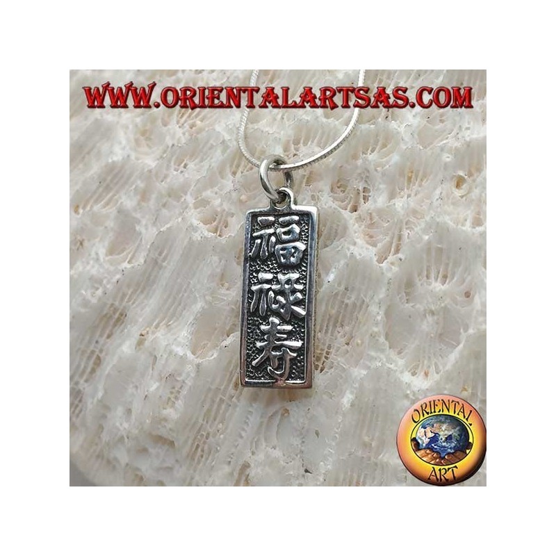 Colgante de plata, placa con ideogramas chinos "suerte, larga vida y prosperidad"