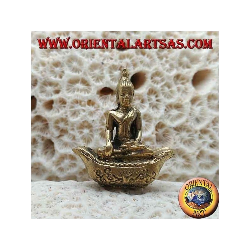 Buddha sculpture "Bhumisparsha Mudra - Subduing the demon Mara" on the brass boat (small)