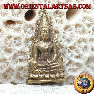 Scultura Buddha "Bhumisparsha Mudra - Sottomettendo il demone Mara" contornata sull'altare in ottone (piccola)