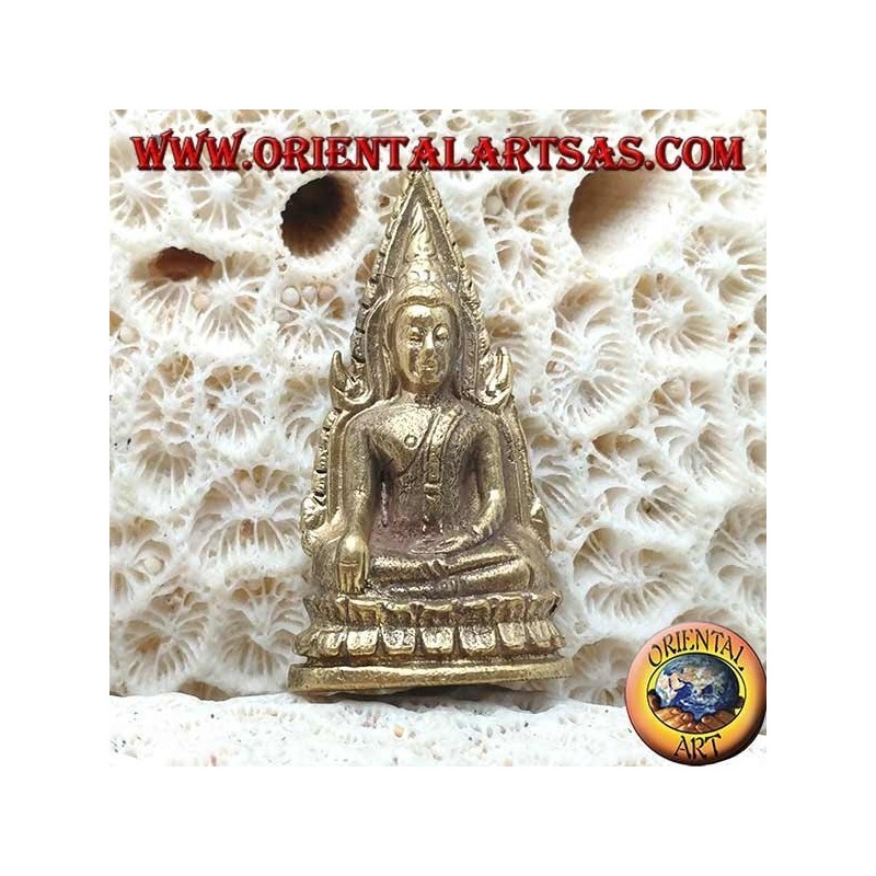 Sculpture de Bouddha "Bhumisparsha Mudra - Soumettre le démon Mara" entourée sur l'autel en laiton (petit)
