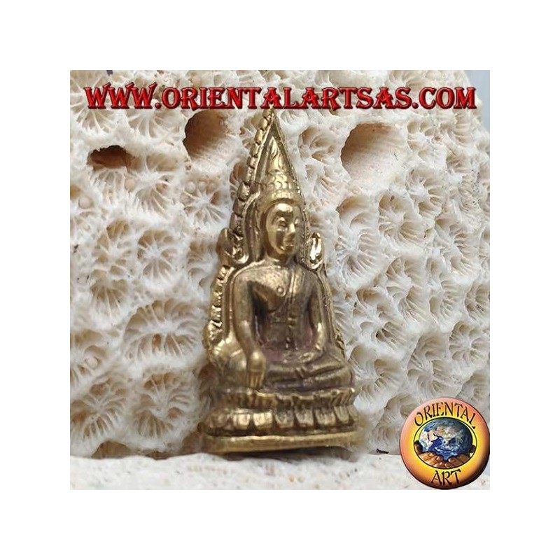 Buddha sculpture "Bhumisparsha Mudra - Subduing the demon Mara" surrounded on the brass altar (small)