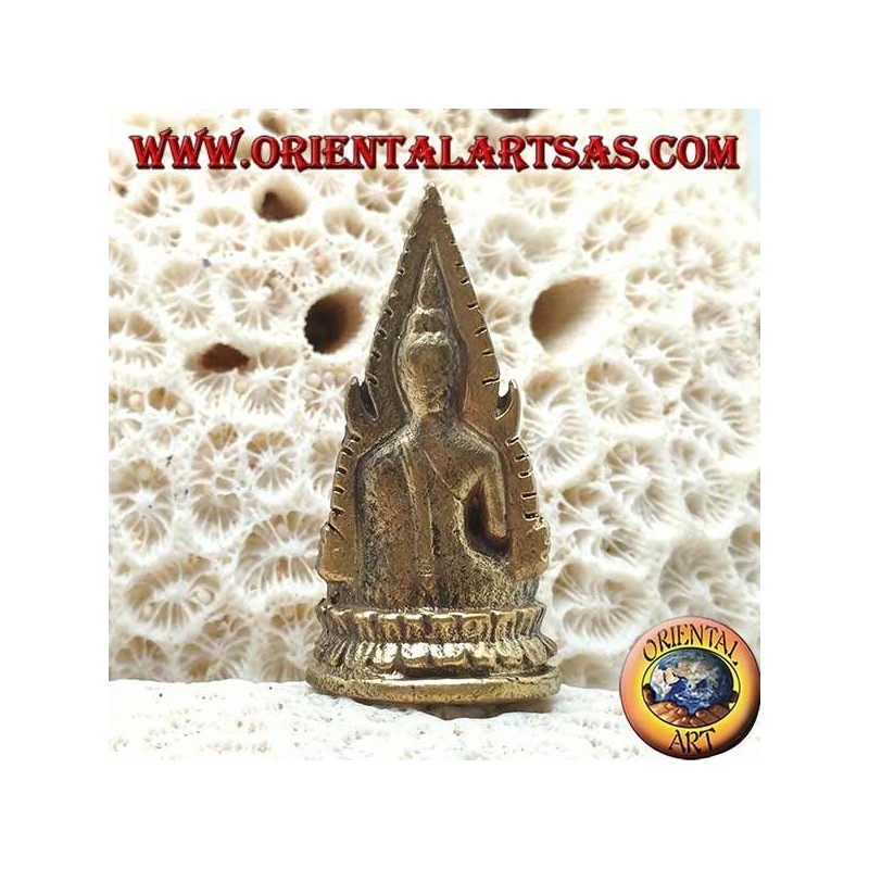 Escultura de Buda "Bhumisparsha Mudra - Sometiendo al demonio Mara" rodeada en el altar de bronce (pequeño)