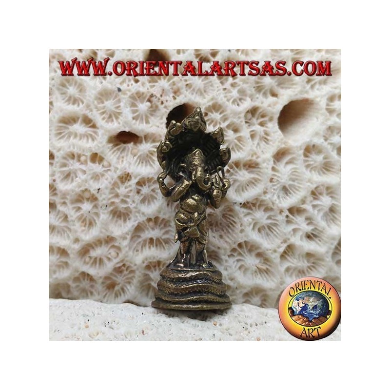 Scultura Ganesh "il Dio elefante" con cobra a cinque teste, in ottone (piccola)
