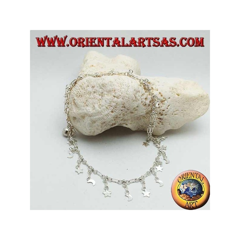 Cavigliera in argento con stelle e lune pendenti alternate e un campanellino