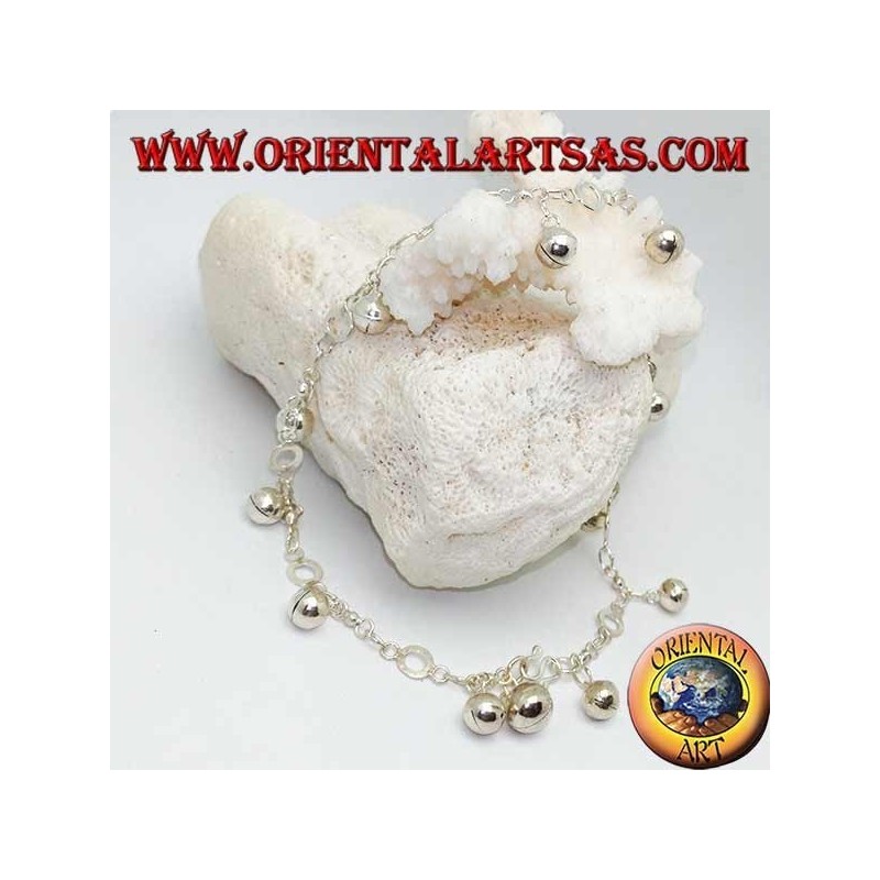 Bracelet de cheville en argent avec cloches suspendues et disques alternés