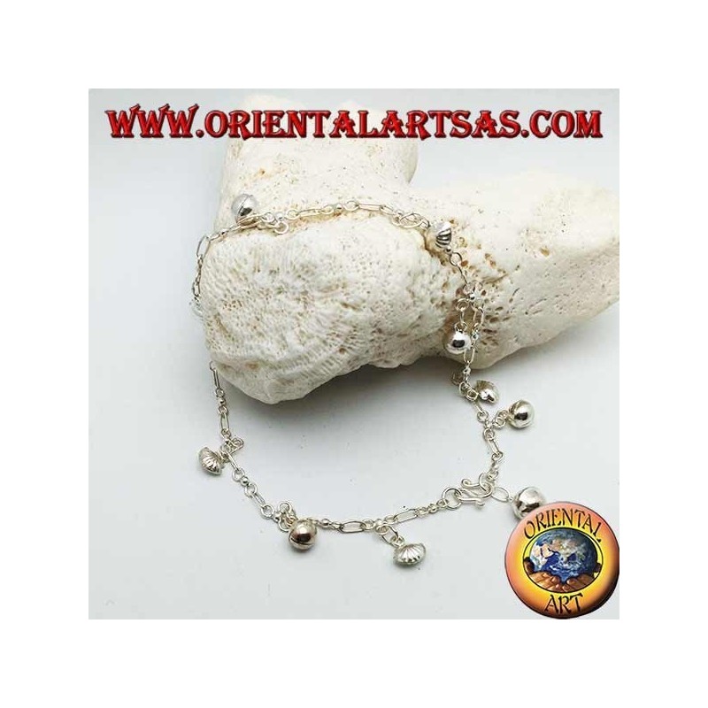 Cavigliera in argento con campanellini e conchiglie pendenti alternati