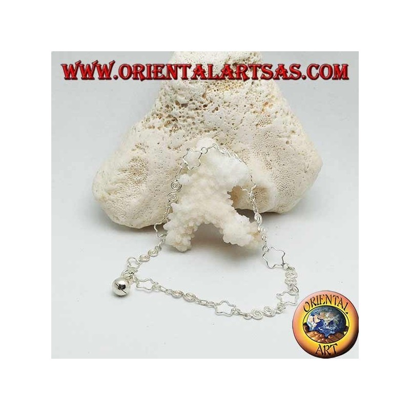 Bracelet de cheville en argent avec étoiles ajourées et spirales alternées et cloche