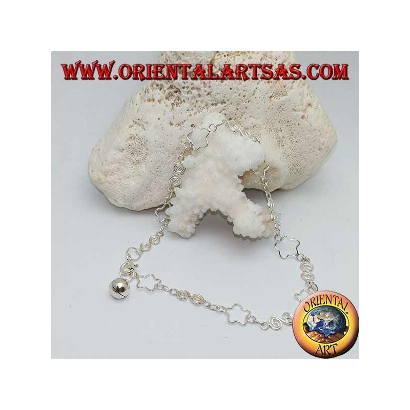Bracelet de cheville en argent avec étoiles ajourées et spirales alternées et cloche