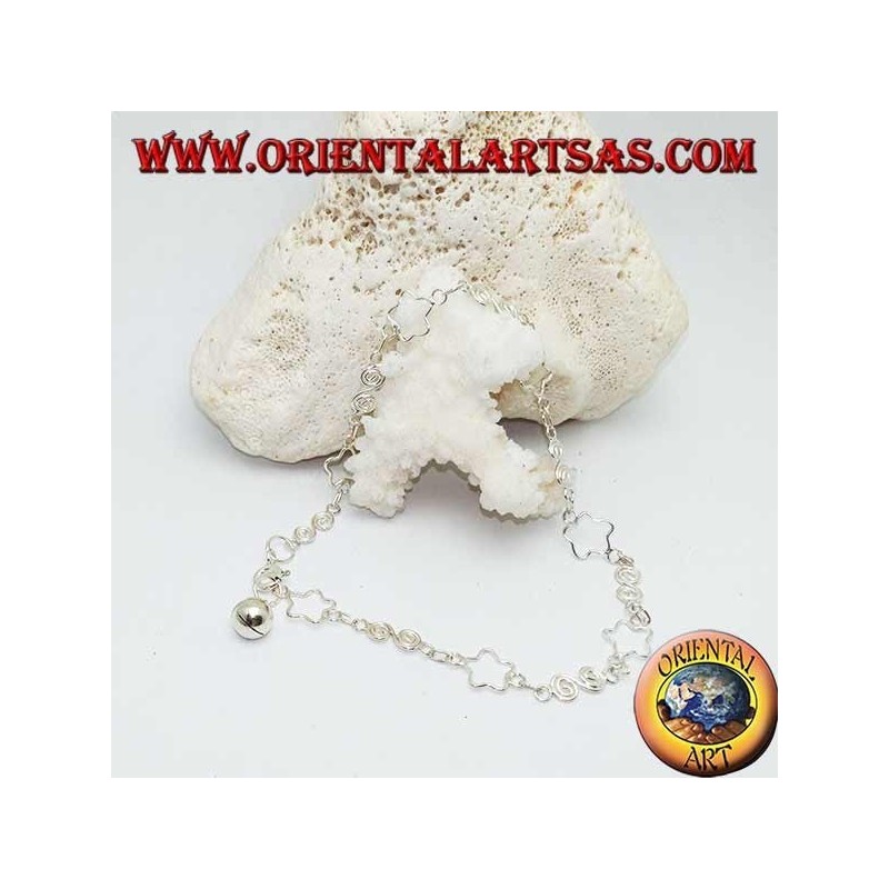 Cavigliera in argento con stelle traforate e spirali alternate e un campanellino