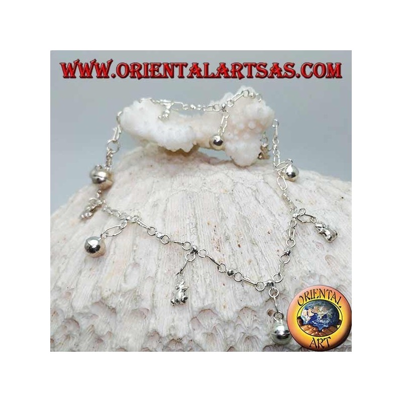 Tobillera plateada con ositos de peluche y campanas colgantes alternas
