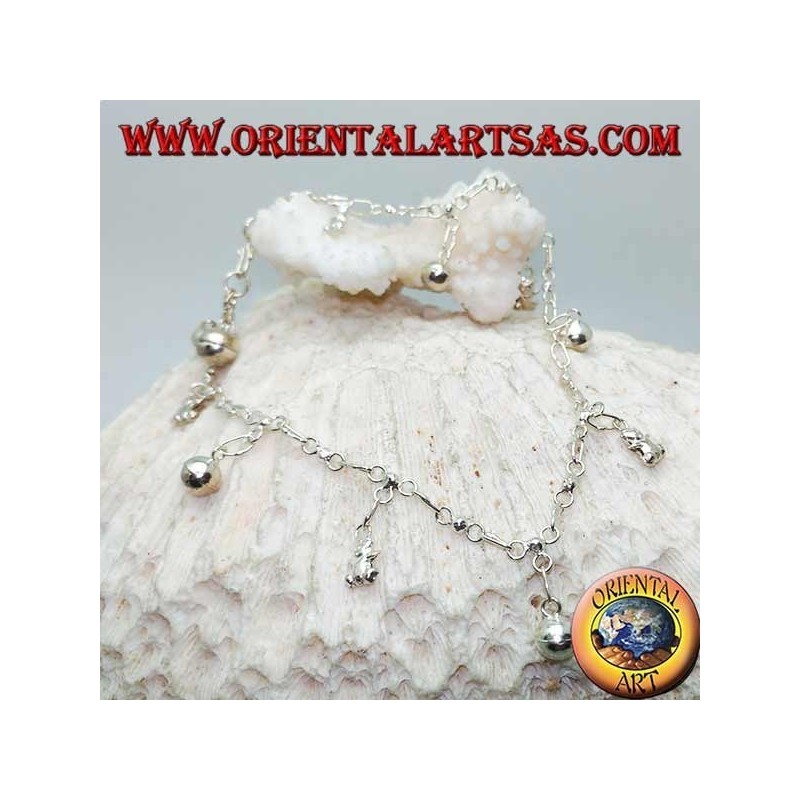 Silver anklet with teddy bears and alternating hanging bells