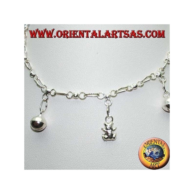 Bracelet de cheville en argent avec ours en peluche et cloches suspendues alternées