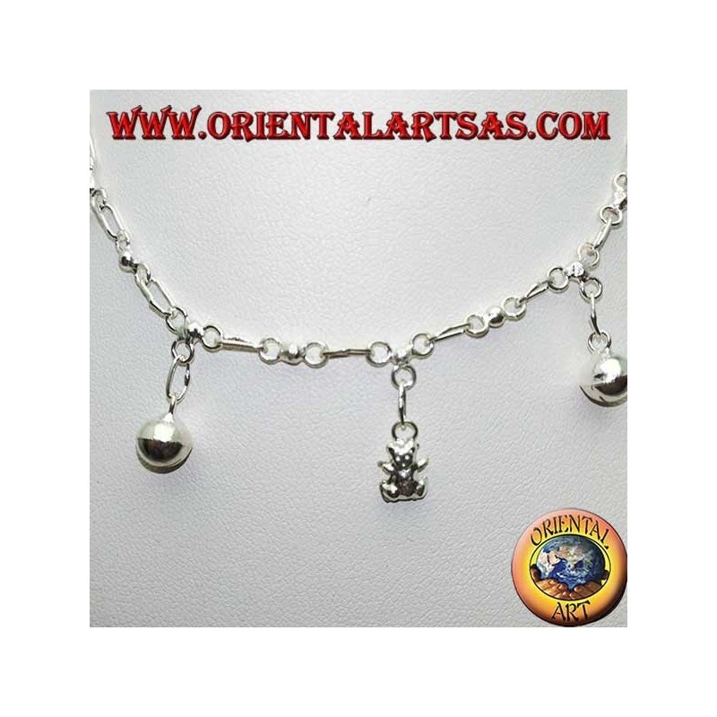 Bracelet de cheville en argent avec ours en peluche et cloches suspendues alternées