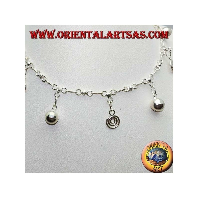 Silver anklet with alternating spirals and hanging bells