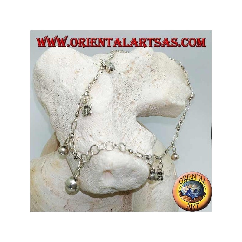 Silver anklet with butterflies and alternating hanging bells