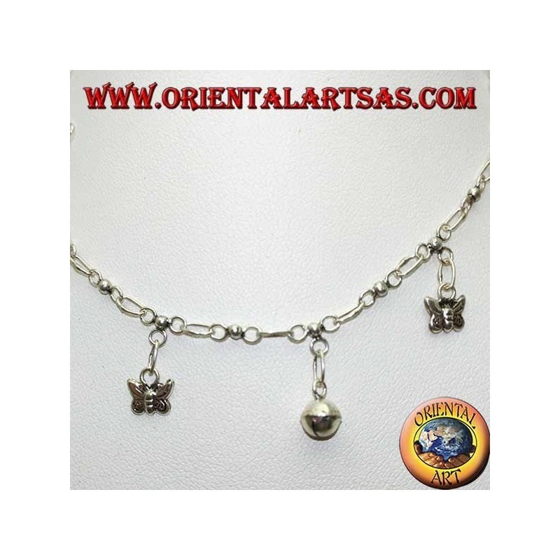 Bracelet de cheville en argent avec papillons et cloches suspendues alternées