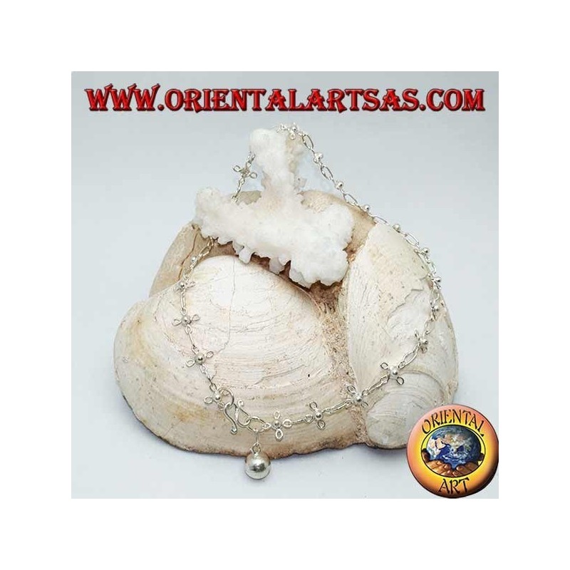 Silver anklet with stylized four-leaf clovers and a bell