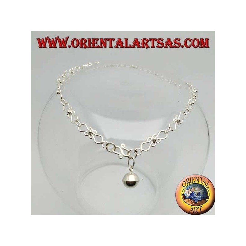 Curved knitting silver anklet with a bell