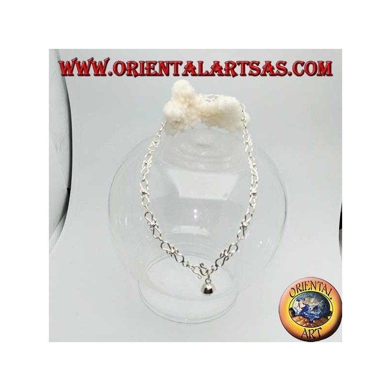 Curved knitting silver anklet with a bell