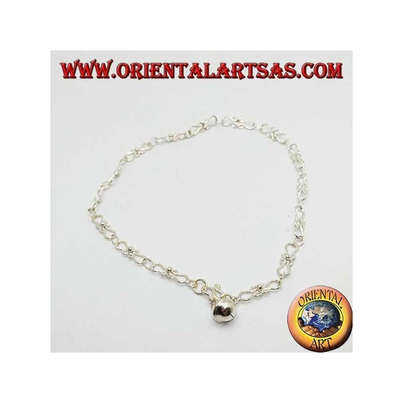 Curved knitting silver anklet with a bell